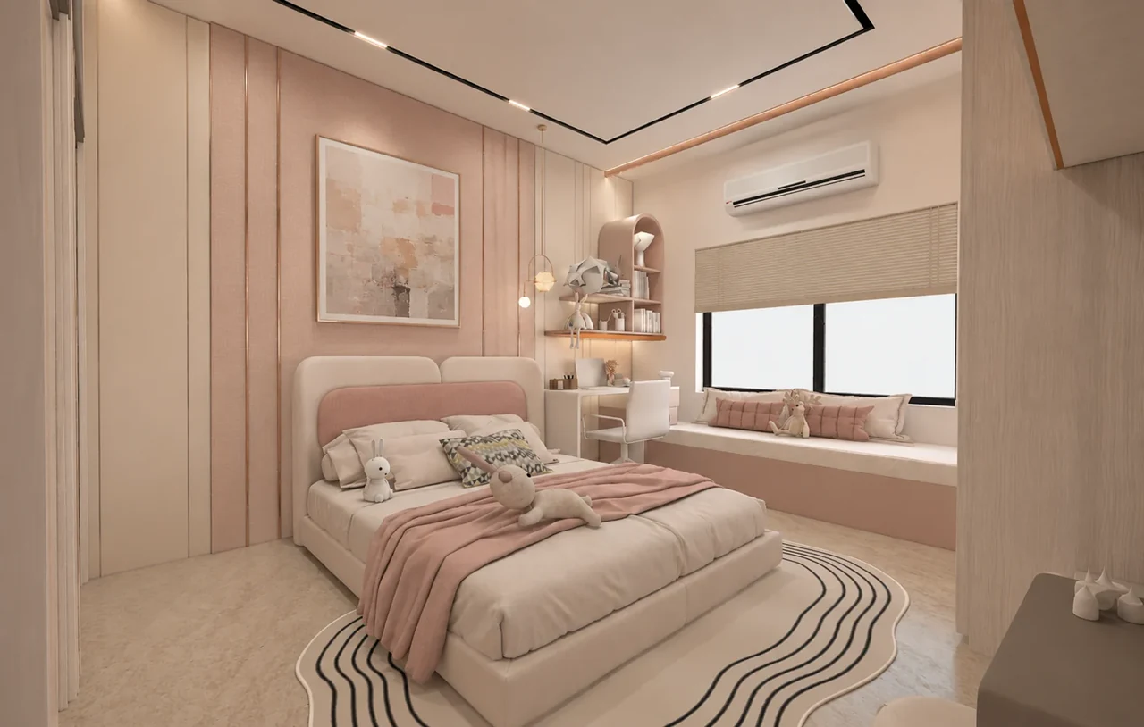 Shifa bedroom — blush palette — Interior design visualization