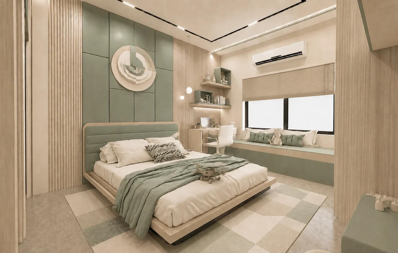 Shifan bedroom — sage palette — Interior design visualization