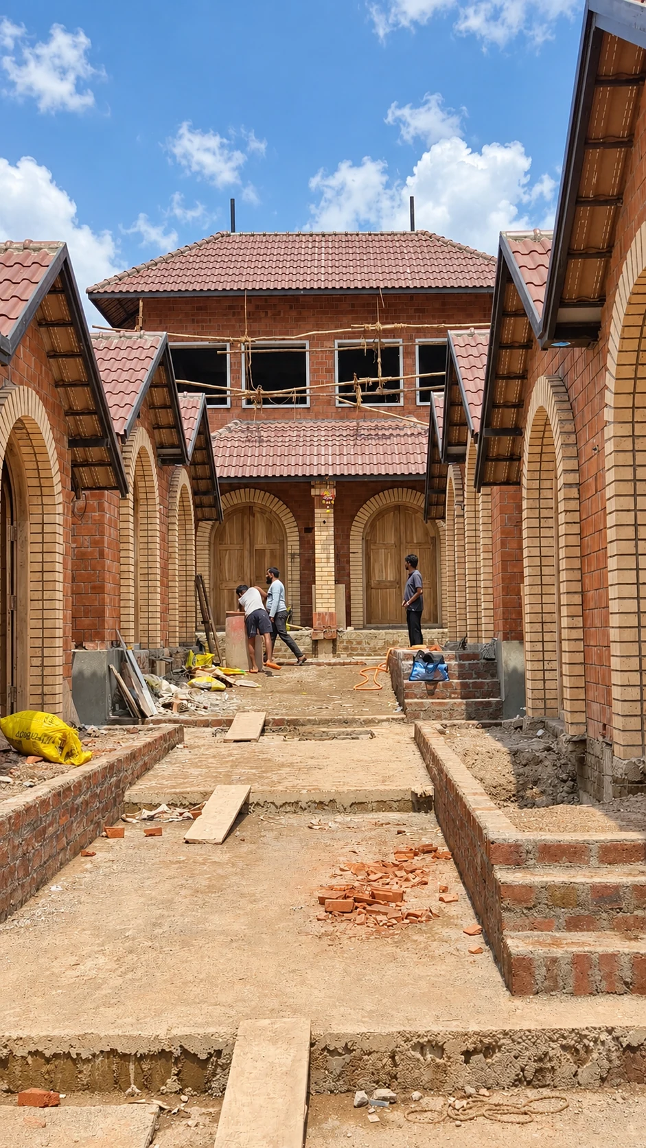 Enhanced site photograph of the same courtyard during construction